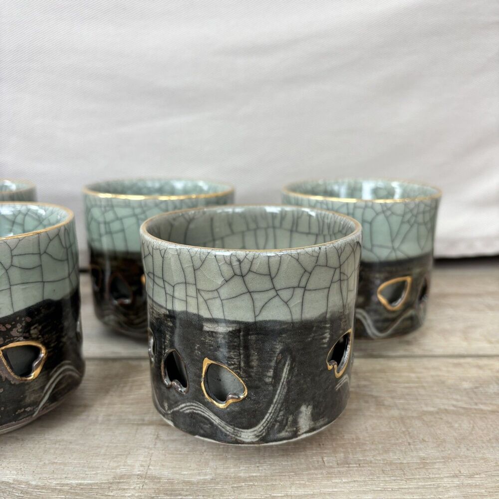 Vintage Somayaki Soma Ware Japan Double Wall Hearts Tea Cups Gold Horse Set of 7 - Picture 4 of 15